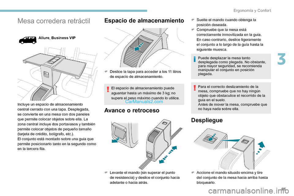 Peugeot Expert 2019 Manual del propietario (in Spanish) 83
Mesa corredera retráctil
Allure, Business VIP
Incluye un espacio de almacenamiento
central cerrado con una tapa. Desplegada,
se convierte en una mesa con dos paneles
que permite colocar objetos Peugeot Expert 2019 Manual del propietario (in Spanish) 83
Mesa corredera retráctil
Allure, Business VIP
Incluye un espacio de almacenamiento
central cerrado con una tapa. Desplegada,
se convierte en una mesa con dos paneles
que permite colocar objetos