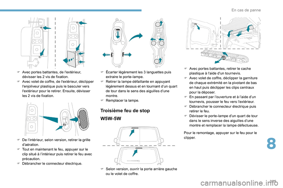 Peugeot Expert 2019  Manuel du propriétaire (in French) 215
F Avec portes battantes, de lextérieur, dévisser les 2   vis de fixation.
F
 
A
 vec volet de coffre, de lextérieur, déclipper 
lenjoliveur plastique puis le basculer vers 
lextérieur pou