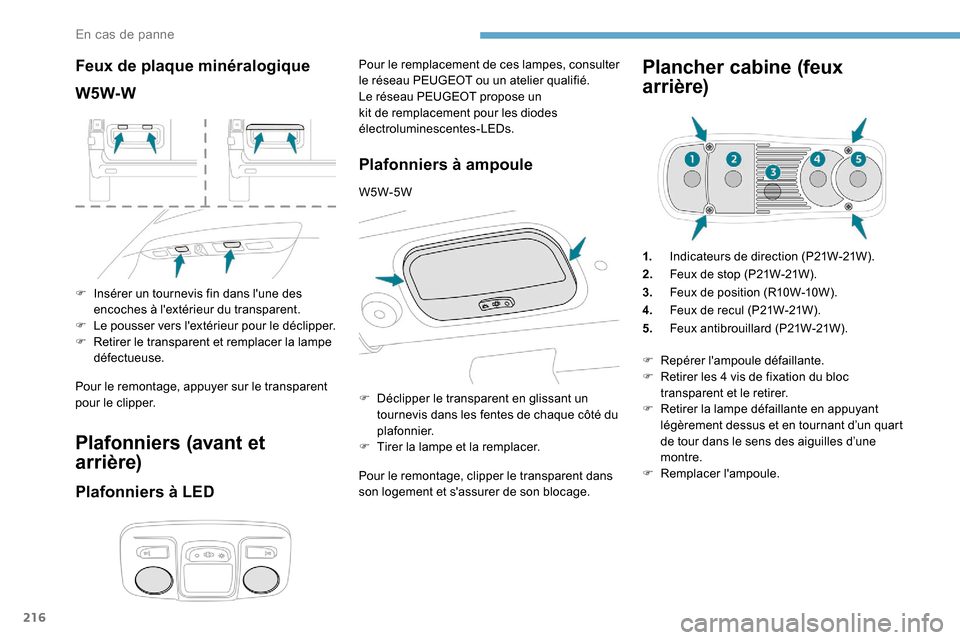 Peugeot Expert 2019  Manuel du propriétaire (in French) 216
Feux de plaque minéralogique
W5W-W
F Insérer un tournevis fin dans lune des encoches à lextérieur du transparent.
F
 
L
 e pousser vers lextérieur pour le déclipper.
F
 
R
 etirer le tran