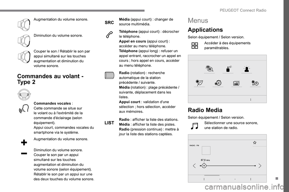 Peugeot Expert 2019 Manuel du propriétaire (in French) 3
Augmentation du volume sonore.
Diminution du volume sonore.
Couper le son / Rétablir le son par
appui simultané sur les touches
augmentation et diminution du
volume sonore.
Commandes au volant Peugeot Expert 2019 Manuel du propriétaire (in French) 3
Augmentation du volume sonore.
Diminution du volume sonore.
Couper le son / Rétablir le son par
appui simultané sur les touches
augmentation et diminution du
volume sonore.
Commandes au volant
