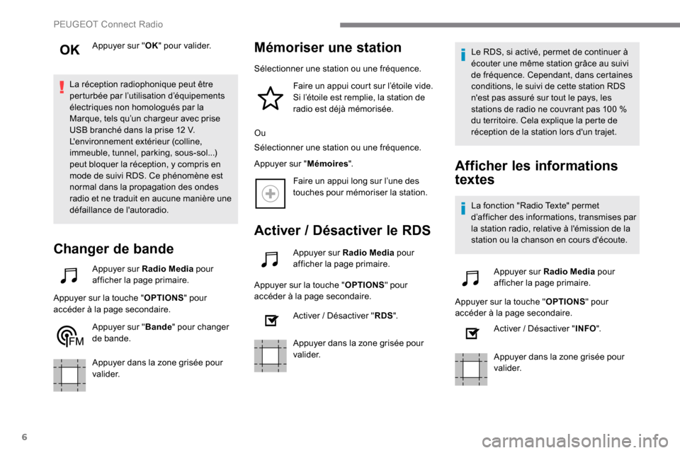 Peugeot Expert 2019 Manuel du propriétaire (in French) 6
Appuyer sur "OK" pour valider.
La réception radiophonique peut être
perturbée par l’utilisation d’équipements
électriques non homologués par la
Marque, tels qu’un chargeur avec prise Peugeot Expert 2019 Manuel du propriétaire (in French) 6
Appuyer sur "OK" pour valider.
La réception radiophonique peut être
perturbée par l’utilisation d’équipements
électriques non homologués par la
Marque, tels qu’un chargeur avec prise