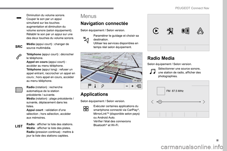 Peugeot Expert 2019 Manuel du propriétaire (in French) 3
FM 87.5 MHz
Diminution du volume sonore.
Couper le son par un appui
simultané sur les touches
augmentation et diminution du
volume sonore (selon équipement).
Rétablir le son par un appui sur Peugeot Expert 2019 Manuel du propriétaire (in French) 3
FM 87.5 MHz
Diminution du volume sonore.
Couper le son par un appui
simultané sur les touches
augmentation et diminution du
volume sonore (selon équipement).
Rétablir le son par un appui sur