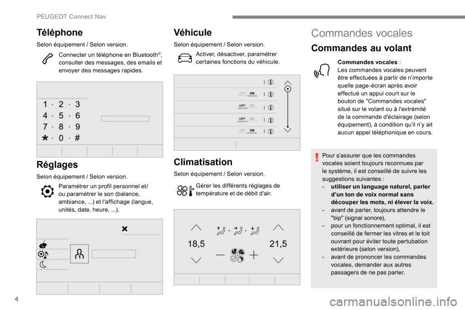 Peugeot Expert 2019 Manuel du propriétaire (in French) 4
21,518,5
Téléphone
Selon équipement / Selon version.
Connecter un téléphone en Bluetooth
®,
consulter des messages, des emails et
envoyer des messages rapides.
Réglages
Selon équipement / Peugeot Expert 2019 Manuel du propriétaire (in French) 4
21,518,5
Téléphone
Selon équipement / Selon version.
Connecter un téléphone en Bluetooth
®,
consulter des messages, des emails et
envoyer des messages rapides.
Réglages
Selon équipement /