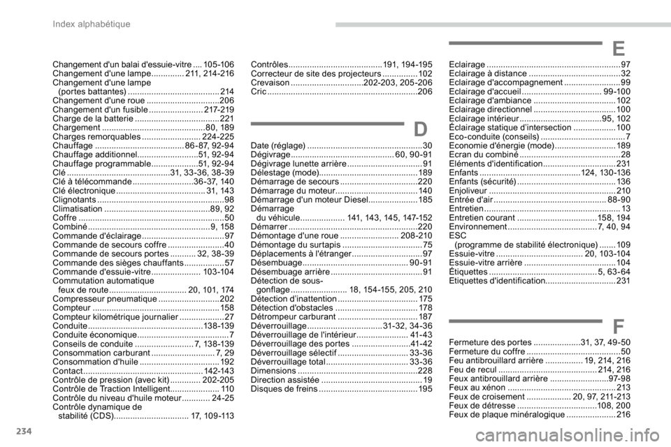 Peugeot Expert 2019  Manuel du propriétaire (in French) 234
Eclairage ......................................................... 97
Eclairage à distance  ....................................... 32
Eclairage daccompagnement
 

........................99
Ec