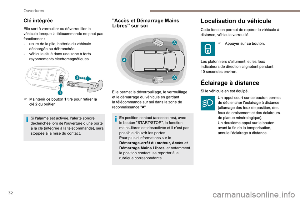 Peugeot Expert 2019  Manuel du propriétaire (in French) 32
Clé intégrée
Elle sert à verrouiller ou déverrouiller le 
véhicule lorsque la télécommande ne peut pas 
fonctionner
 
:
-
 
u
 sure de la pile, batterie du véhicule 
déchargée ou débran