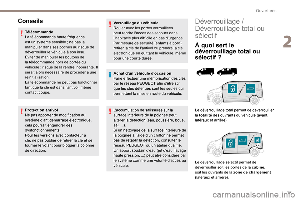 Peugeot Expert 2019  Manuel du propriétaire (in French) 33
Déverrouillage / 
Déverrouillage total ou 
sélectif
À quoi sert le 
déverrouillage total ou 
sélectif
 

?
Le déverrouillage total permet de déverrouiller 
la totalité  des ouvrants du vé