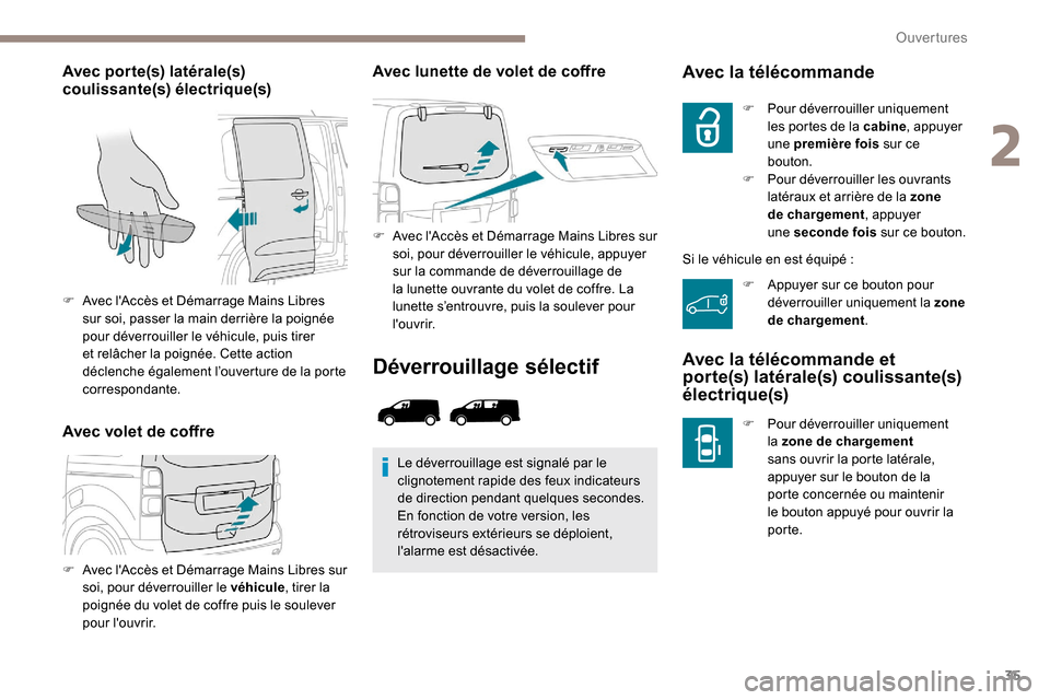 Peugeot Expert 2019  Manuel du propriétaire (in French) 35
Avec porte(s) latérale(s) 
coulissante(s) électrique(s)
Avec volet de coffreAvec lunette de volet de coffre
F Avec lAccès et Démarrage Mains Libres sur 
soi, pour déverrouiller le véhicule, 