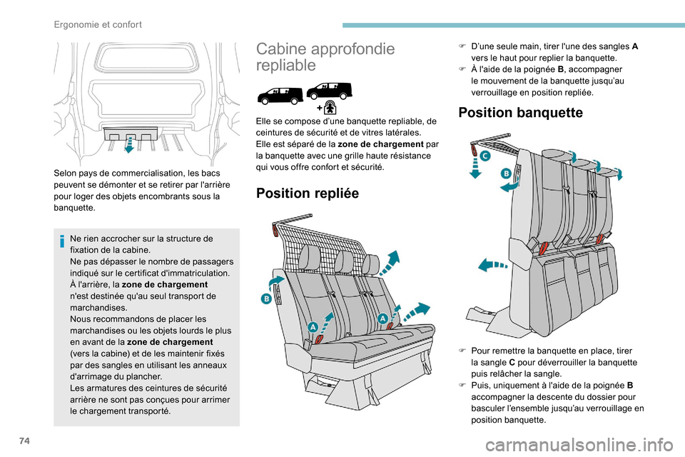 Peugeot Expert 2019  Manuel du propriétaire (in French) 74
Selon pays de commercialisation, les bacs 
peuvent se démonter et se retirer par larrière 
pour loger des objets encombrants sous la 
banquette.Ne rien accrocher sur la structure de 
fixation de