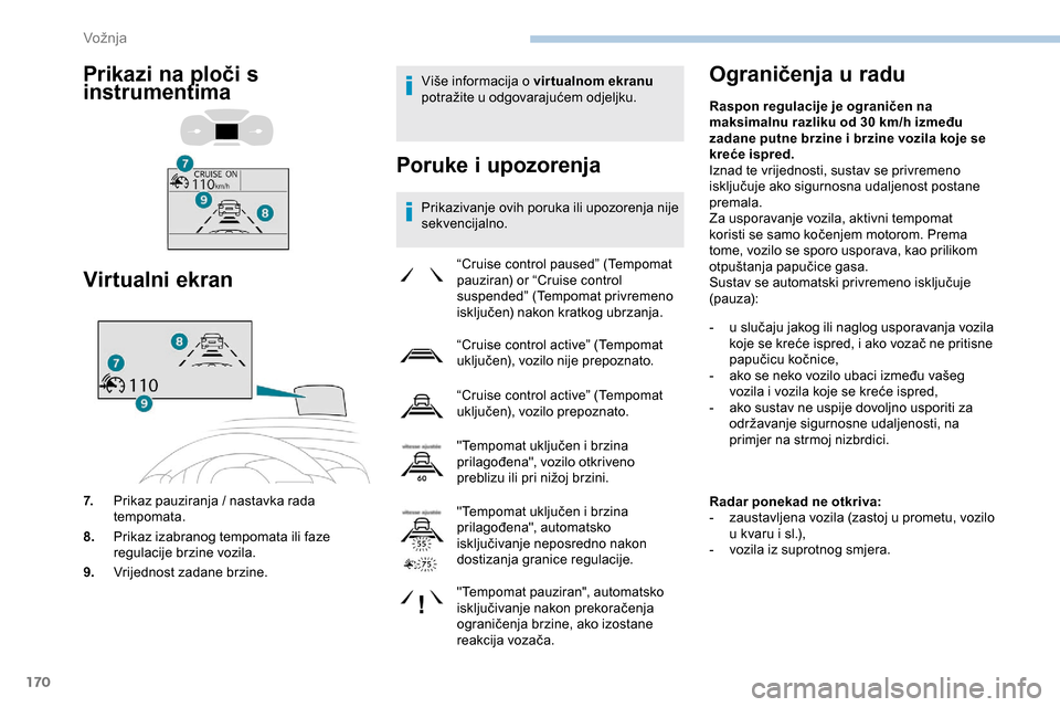 Peugeot Expert 2019 Vodič za korisnike (in Croatian) 170
Više informacija o virtualnom ekranu
potražite u odgovarajućem odjeljku.
Poruke i upozorenja
Prikazivanje ovih poruka ili upozorenja nije
sekvencijalno.
Ograničenja u radu
“Cruise control Peugeot Expert 2019 Vodič za korisnike (in Croatian) 170
Više informacija o virtualnom ekranu
potražite u odgovarajućem odjeljku.
Poruke i upozorenja
Prikazivanje ovih poruka ili upozorenja nije
sekvencijalno.
Ograničenja u radu
“Cruise control