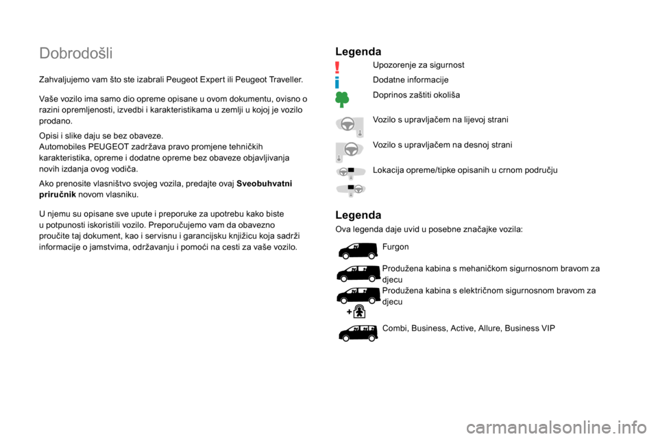 Peugeot Expert 2019 Vodič za korisnike (in Croatian) Dobrodošli
Zahvaljujemo vam što ste izabrali Peugeot Expert ili Peugeot Traveller.
Vaše vozilo ima samo dio opreme opisane u ovom dokumentu, ovisno o
razini opremljenosti, izvedbi i karakteristika Peugeot Expert 2019 Vodič za korisnike (in Croatian) Dobrodošli
Zahvaljujemo vam što ste izabrali Peugeot Expert ili Peugeot Traveller.
Vaše vozilo ima samo dio opreme opisane u ovom dokumentu, ovisno o
razini opremljenosti, izvedbi i karakteristika
