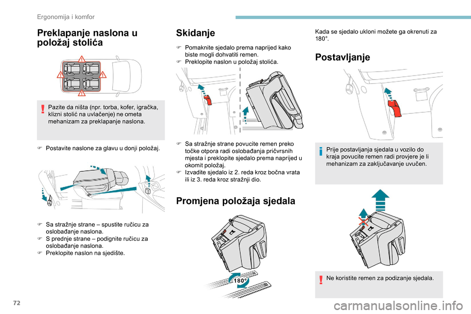 Peugeot Expert 2019  Vodič za korisnike (in Croatian) 72
Preklapanje naslona u 
položaj stolića
Pazite da ništa (npr. torba, kofer, igračka, 
klizni stolić na uvlačenje) ne ometa 
mehanizam za preklapanje naslona.
F
 
P
 ostavite naslone za glavu u