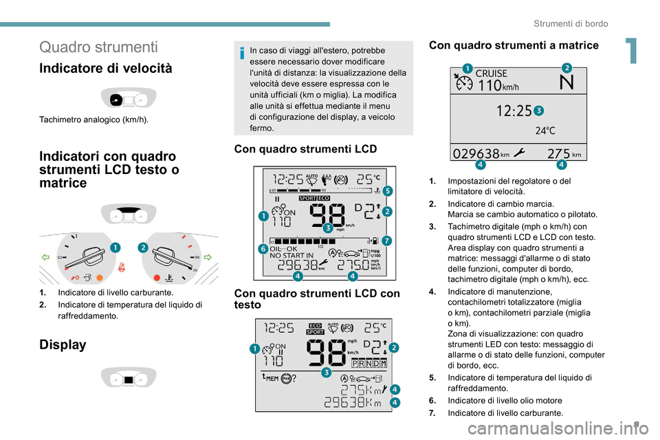 Peugeot Expert 2019 Manuale del proprietario (in Italian) 9
Quadro strumenti
Indicatore di velocità
Tachimetro analogico (km/h).
Indicatori con quadro
strumenti LCD testo o
matrice
1.Indicatore di livello carburante.
2. Indicatore di temperatura del liqui Peugeot Expert 2019 Manuale del proprietario (in Italian) 9
Quadro strumenti
Indicatore di velocità
Tachimetro analogico (km/h).
Indicatori con quadro
strumenti LCD testo o
matrice
1.Indicatore di livello carburante.
2. Indicatore di temperatura del liqui