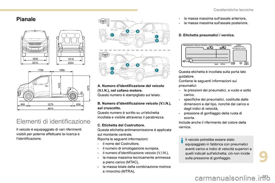 Peugeot Expert 2019  Manuale del proprietario (in Italian) 231
Pianale
Elementi di identificazione
Il veicolo è equipaggiato di vari riferimenti 
visibili per poterne effettuare la ricerca e 
lidentificazione.A. Numero didentificazione del veicolo 
(V.I.N.