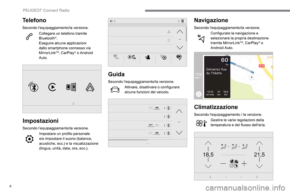 Peugeot Expert 2019  Manuale del proprietario (in Italian) 4
21,518,5
Telefono
Secondo l’equipaggiamento/la versione.Collegare un telefono tramite 
Bluetooth
®.
Eseguire alcune applicazioni 
dallo smartphone connesso via 
MirrorLink
TM, CarPlay® o Android