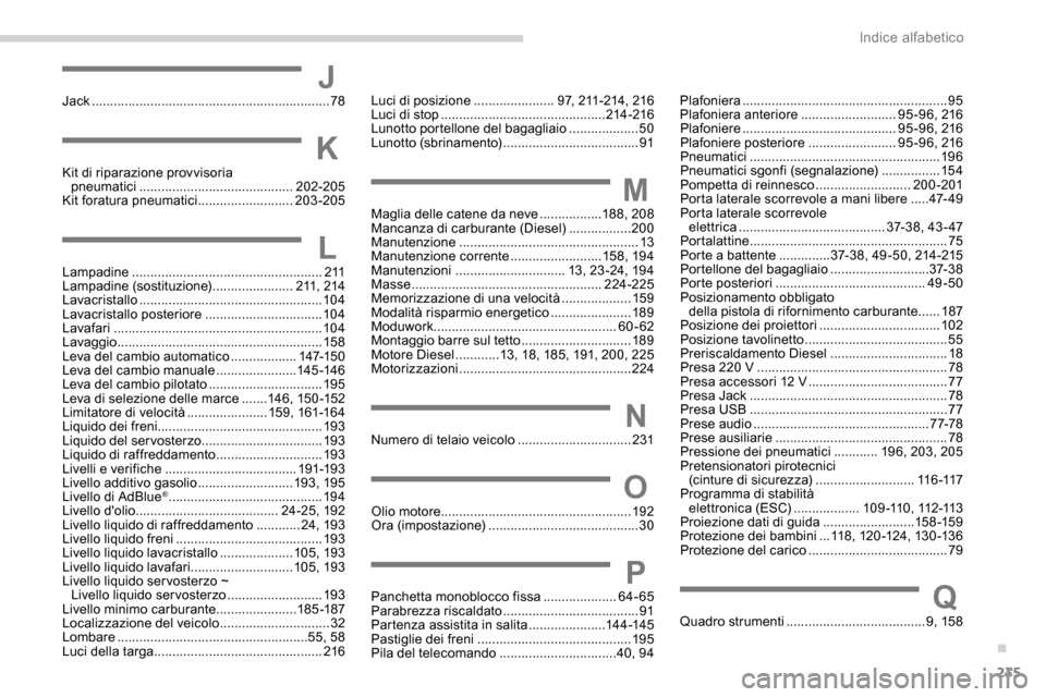 Peugeot Expert 2019 Manuale del proprietario (in Italian) 235
JJack .................................................................78
KKit di riparazione provvisoria
pneumatici .......................................... 202-205
Kit foratura pneumatici
. Peugeot Expert 2019 Manuale del proprietario (in Italian) 235
JJack .................................................................78
KKit di riparazione provvisoria
pneumatici .......................................... 202-205
Kit foratura pneumatici
.