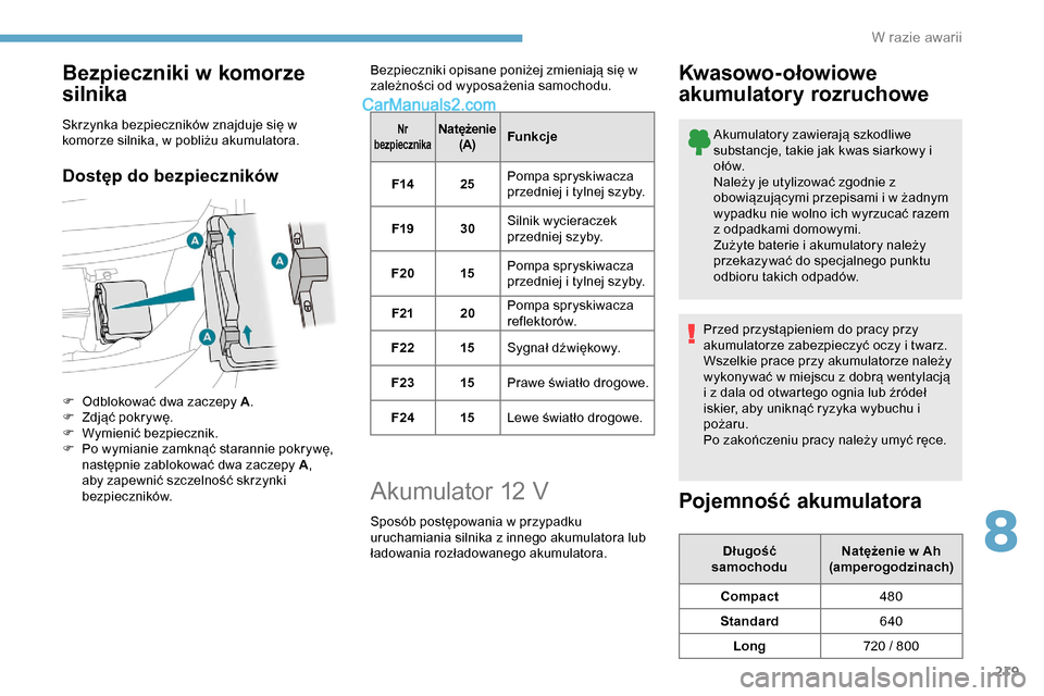 Peugeot Expert 2019 Instrukcja Obsługi (in Polish) 219
Bezpieczniki w komorze
silnika
Skrzynka bezpieczników znajduje się w
komorze silnika, w pobliżu akumulatora.
Dostęp do bezpieczników
F Odblokować dwa zaczepy A.
F Z djąć pokrywę.
F
W Peugeot Expert 2019 Instrukcja Obsługi (in Polish) 219
Bezpieczniki w komorze
silnika
Skrzynka bezpieczników znajduje się w
komorze silnika, w pobliżu akumulatora.
Dostęp do bezpieczników
F Odblokować dwa zaczepy A.
F Z djąć pokrywę.
F
W