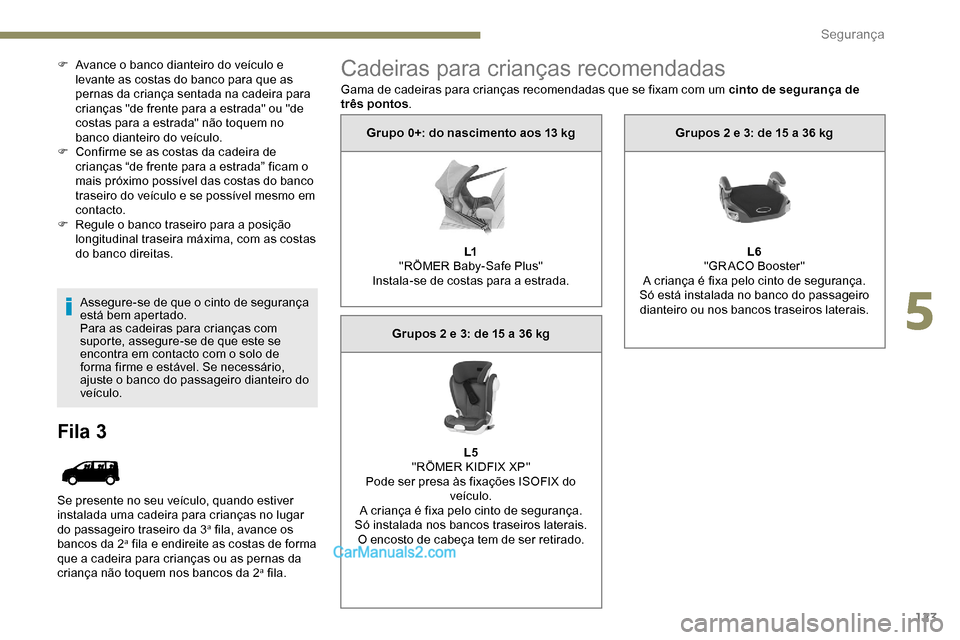 Peugeot Expert 2019 Manual do proprietário (in Portuguese) 123
F Avance o banco dianteiro do veículo e levante as costas do banco para que as
pernas da criança sentada na cadeira para
crianças "de frente para a estrada" ou "de
costas para a estrada" nã Peugeot Expert 2019 Manual do proprietário (in Portuguese) 123
F Avance o banco dianteiro do veículo e levante as costas do banco para que as
pernas da criança sentada na cadeira para
crianças "de frente para a estrada" ou "de
costas para a estrada" nã