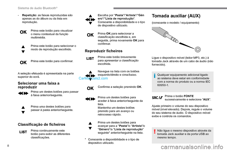 Peugeot Expert 2019 Manual do proprietário (in Portuguese) 8
- Repetição: as faixas reproduzidas são
apenas as do álbum ou da lista em
reprodução.
Prima este botão para visualizar
o menu contextual da função
multimédia.
Prima este botão para se Peugeot Expert 2019 Manual do proprietário (in Portuguese) 8
- Repetição: as faixas reproduzidas são
apenas as do álbum ou da lista em
reprodução.
Prima este botão para visualizar
o menu contextual da função
multimédia.
Prima este botão para se