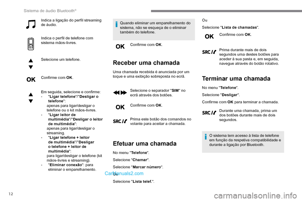 Peugeot Expert 2019 Manual do proprietário (in Portuguese) 12
Indica a ligação do per fil streaming
de áudio.
Indica o per fil de telefone com
sistema mãos-livres.
Selecione um telefone.
Confirme com OK.
Em seguida, selecione e confirme:
- "Ligar telef Peugeot Expert 2019 Manual do proprietário (in Portuguese) 12
Indica a ligação do per fil streaming
de áudio.
Indica o per fil de telefone com
sistema mãos-livres.
Selecione um telefone.
Confirme com OK.
Em seguida, selecione e confirme:
- "Ligar telef