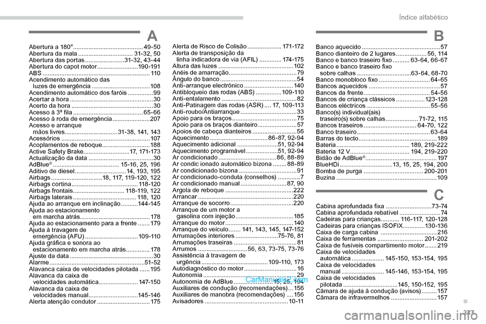 Peugeot Expert 2019 Manual do proprietário (in Portuguese) 233
AAbertura a 180° .........................................49 -50
Abertura da mala ................................ 31- 32, 50
Abertura das portas
....................... 31
- 32, 43 - 4 4
Abe Peugeot Expert 2019 Manual do proprietário (in Portuguese) 233
AAbertura a 180° .........................................49 -50
Abertura da mala ................................ 31- 32, 50
Abertura das portas
....................... 31
- 32, 43 - 4 4
Abe