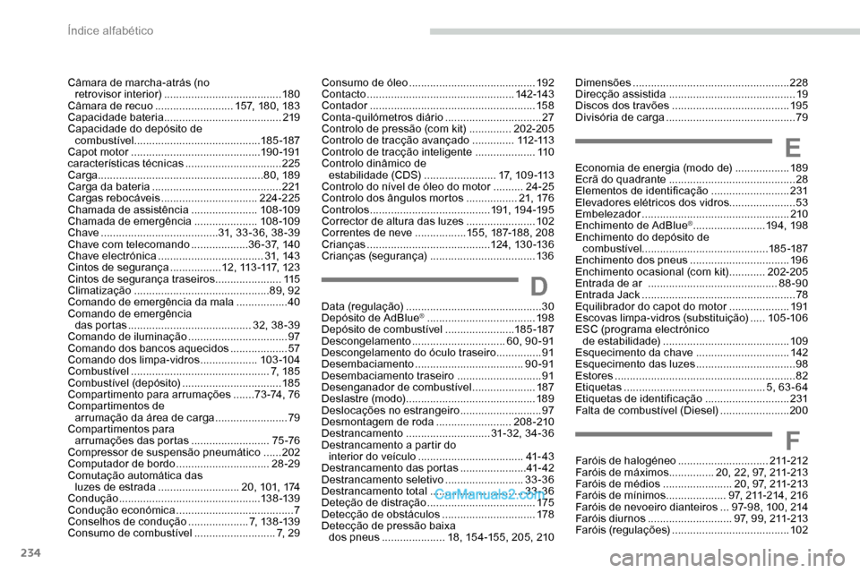 Peugeot Expert 2019 Manual do proprietário (in Portuguese) 234
Dimensões .................................................... 228
Direcção assistida .......................................... 19
Discos dos travões
..................................... Peugeot Expert 2019 Manual do proprietário (in Portuguese) 234
Dimensões .................................................... 228
Direcção assistida .......................................... 19
Discos dos travões
.....................................