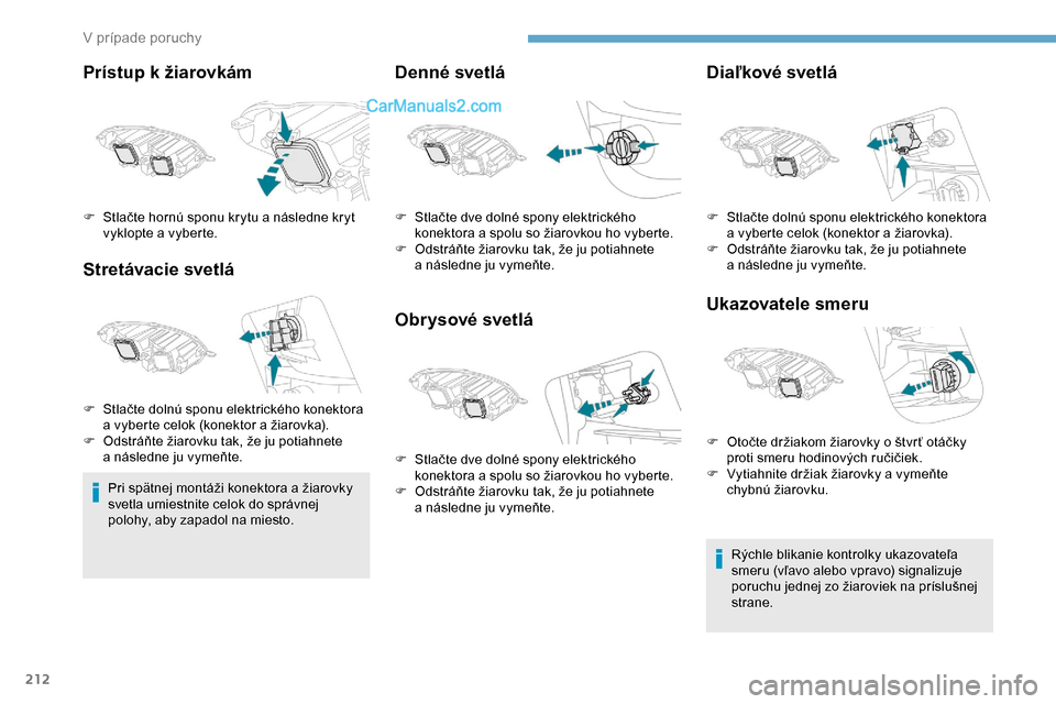 Peugeot Expert 2019 Užívateľská príručka (in Slovak) 212
Prístup k žiarovkám
St retávacie svetlá
Pri spätnej montáži konektora a žiarovky
svetla umiestnite celok do správnej
polohy, aby zapadol na miesto.
Denné svetlá
Obrysové svetlá Dia Peugeot Expert 2019 Užívateľská príručka (in Slovak) 212
Prístup k žiarovkám
St retávacie svetlá
Pri spätnej montáži konektora a žiarovky
svetla umiestnite celok do správnej
polohy, aby zapadol na miesto.
Denné svetlá
Obrysové svetlá Dia