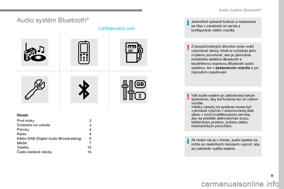 Peugeot Expert 2019  Užívateľská príručka (in Slovak) 1
Audio systém Bluetooth®
Obsah
Pr vé kroky  
2
O

vládače na volante   
2
P

onuky   
4
R

ádio   
4
R

ádio DAB (Digital Audio Broadcasting)   
6
M

édiá   
7
T

elefón   
1
 0
Často klad