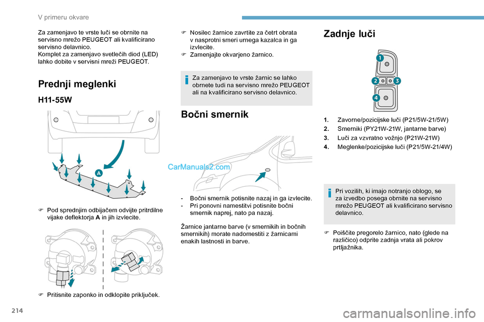 Peugeot Expert 2019 Priročnik za lastnika (in Slovenian) 214
Za zamenjavo te vrste luči se obrnite na ser visno mrežo PEUGEOT ali kvalificirano
s
ervisno delavnico.
Komplet
za zamenjavo svetlečih diod (LED)
l
ahko dobite v s Peugeot Expert 2019 Priročnik za lastnika (in Slovenian) 214
Za zamenjavo te vrste luči se obrnite na ser visno mrežo PEUGEOT ali kvalificirano
s
ervisno delavnico.
Komplet
za zamenjavo svetlečih diod (LED)
l
ahko dobite v s