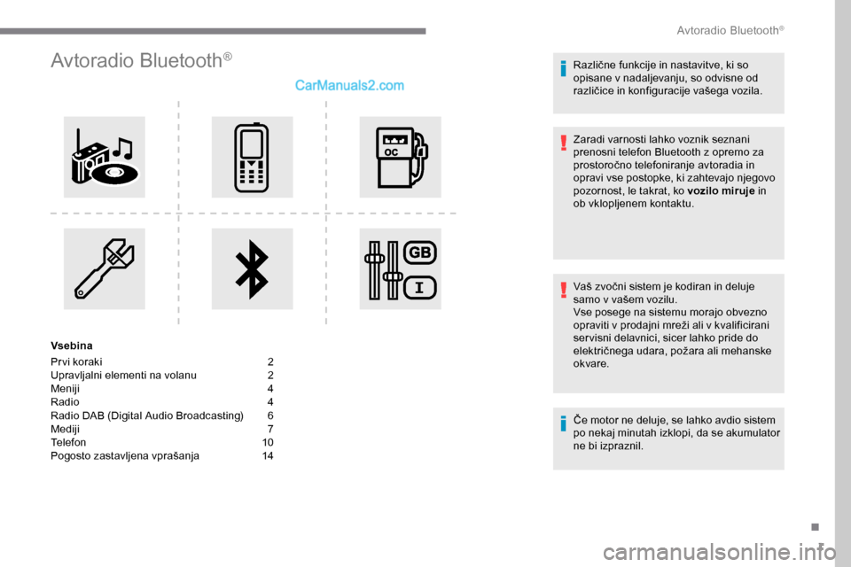 Peugeot Expert 2019  Priročnik za lastnika (in Slovenian) 1
Avtoradio Bluetooth®
Vsebina
Pr vi koraki  
2
U

pravljalni elementi na volanu   
2
M

eniji   
4
R

adio   
4
R

adio 	 DAB 	 (Digital 	 Audio 	 Broadcasting) 	 	 6
Mediji
	 	 7
Telefon
	 	 10
Pog