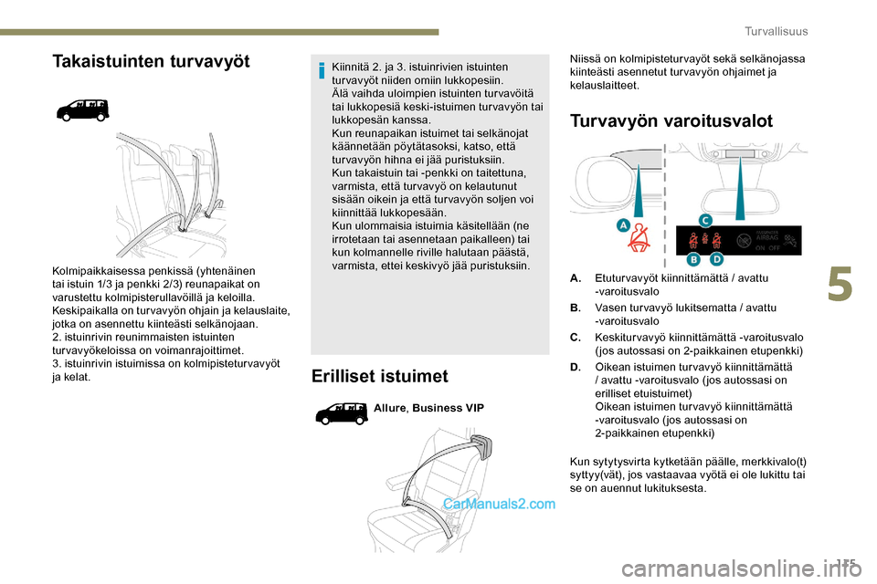 Peugeot Expert 2019 Omistajan käsikirja (in Finnish) 115
Takaistuinten turvavyöt
Kolmipaikkaisessa penkissä (yhtenäinen
tai istuin 1/3 ja penkki 2/3) reunapaikat on
varustettu kolmipisterullavöillä ja keloilla.
Keskipaikalla on turvavyön ohjain Peugeot Expert 2019 Omistajan käsikirja (in Finnish) 115
Takaistuinten turvavyöt
Kolmipaikkaisessa penkissä (yhtenäinen
tai istuin 1/3 ja penkki 2/3) reunapaikat on
varustettu kolmipisterullavöillä ja keloilla.
Keskipaikalla on turvavyön ohjain