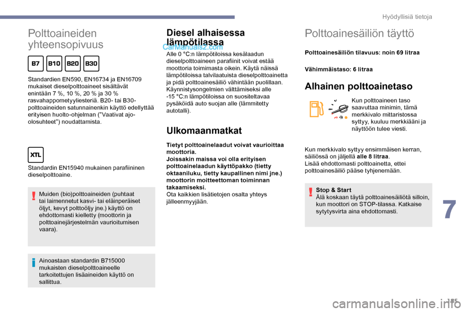 Peugeot Expert 2019 Omistajan käsikirja (in Finnish) 185
Polttoaineiden
yhteensopivuus
Muiden (bio)polttoaineiden (puhtaat
tai laimennetut kasvi- tai eläinperäiset
öljyt, kevyt polttoöljy jne.) käyttö on
ehdottomasti kielletty (moottorin ja
p Peugeot Expert 2019 Omistajan käsikirja (in Finnish) 185
Polttoaineiden
yhteensopivuus
Muiden (bio)polttoaineiden (puhtaat
tai laimennetut kasvi- tai eläinperäiset
öljyt, kevyt polttoöljy jne.) käyttö on
ehdottomasti kielletty (moottorin ja
p