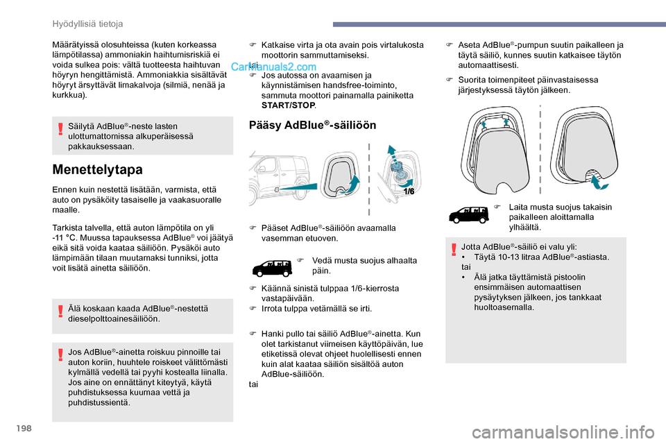 Peugeot Expert 2019 Omistajan käsikirja (in Finnish) 198
Säilytä AdBlue®-neste lasten
ulottumattomissa alkuperäisessä
pakkauksessaan.
Menettelytapa
Ennen kuin nestettä lisätään, varmista, että
auto on pysäköity tasaiselle ja vaakasuoralle Peugeot Expert 2019 Omistajan käsikirja (in Finnish) 198
Säilytä AdBlue®-neste lasten
ulottumattomissa alkuperäisessä
pakkauksessaan.
Menettelytapa
Ennen kuin nestettä lisätään, varmista, että
auto on pysäköity tasaiselle ja vaakasuoralle