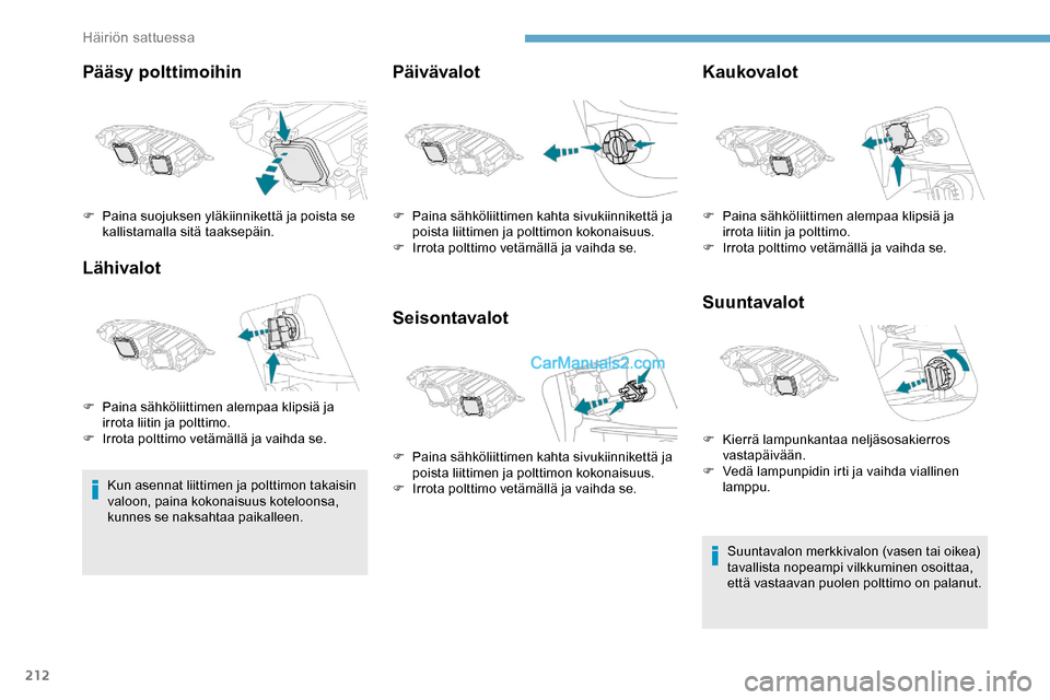 Peugeot Expert 2019 Omistajan käsikirja (in Finnish) 212
Pääsy polttimoihin
Lähivalot
Kun asennat liittimen ja polttimon takaisin
valoon, paina kokonaisuus koteloonsa,
kunnes se naksahtaa paikalleen.
Päivävalot
SeisontavalotKaukovalot
Suuntavalot Peugeot Expert 2019 Omistajan käsikirja (in Finnish) 212
Pääsy polttimoihin
Lähivalot
Kun asennat liittimen ja polttimon takaisin
valoon, paina kokonaisuus koteloonsa,
kunnes se naksahtaa paikalleen.
Päivävalot
SeisontavalotKaukovalot
Suuntavalot