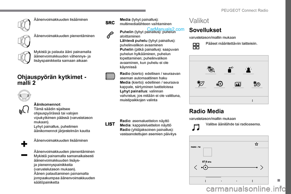Peugeot Expert 2019 Omistajan käsikirja (in Finnish) 3
Äänenvoimakkuuden lisääminen
Äänenvoimakkuuden pienentäminen
Mykistä ja palauta ääni painamalla
äänenvoimakkuuden vähennys- ja
lisäyspainikkeita samaan aikaan
Ohjauspyörän kytkimet Peugeot Expert 2019 Omistajan käsikirja (in Finnish) 3
Äänenvoimakkuuden lisääminen
Äänenvoimakkuuden pienentäminen
Mykistä ja palauta ääni painamalla
äänenvoimakkuuden vähennys- ja
lisäyspainikkeita samaan aikaan
Ohjauspyörän kytkimet