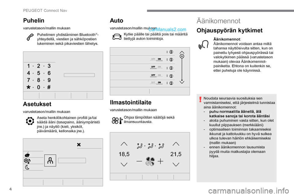 Peugeot Expert 2019 Omistajan käsikirja (in Finnish) 4
21,518,5
Puhelin
varustetason/mallin mukaanPuhelimen yhdistäminen Bluetooth
®-
yhteydellä, viestien ja sähköpostien
lukeminen sekä pikaviestien lähetys.
Asetukset
varustetason/mallin mukaan
Peugeot Expert 2019 Omistajan käsikirja (in Finnish) 4
21,518,5
Puhelin
varustetason/mallin mukaanPuhelimen yhdistäminen Bluetooth
®-
yhteydellä, viestien ja sähköpostien
lukeminen sekä pikaviestien lähetys.
Asetukset
varustetason/mallin mukaan