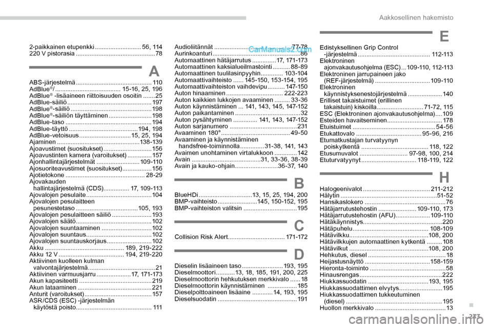 Peugeot Expert 2019 Omistajan käsikirja (in Finnish) 233
2-paikkainen etupenkki ...........................5 6 , 114
220 V pistorasia .............................................. 78
AABS-järjestelmä ............................................ 11 Peugeot Expert 2019 Omistajan käsikirja (in Finnish) 233
2-paikkainen etupenkki ...........................5 6 , 114
220 V pistorasia .............................................. 78
AABS-järjestelmä ............................................ 11