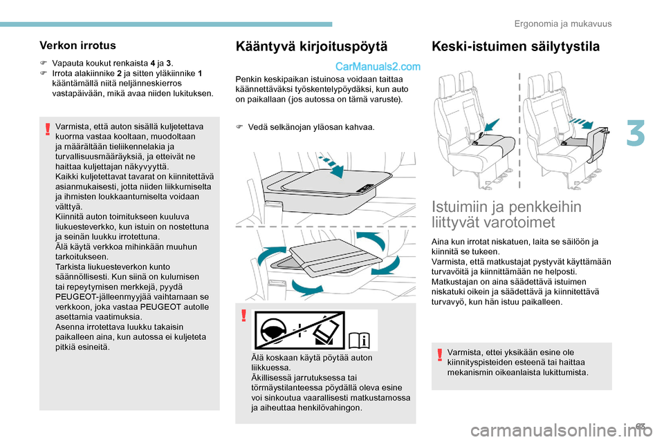 Peugeot Expert 2019 Omistajan käsikirja (in Finnish) 63
Verkon irrotus
F Vapauta koukut renkaista 4 ja 3.
F I rrota alakiinnike 2 ja sitten yläkiinnike 1
kääntämällä niitä neljänneskierros
vastapäivään, mikä avaa niiden lukituksen.
Varmi Peugeot Expert 2019 Omistajan käsikirja (in Finnish) 63
Verkon irrotus
F Vapauta koukut renkaista 4 ja 3.
F I rrota alakiinnike 2 ja sitten yläkiinnike 1
kääntämällä niitä neljänneskierros
vastapäivään, mikä avaa niiden lukituksen.
Varmi