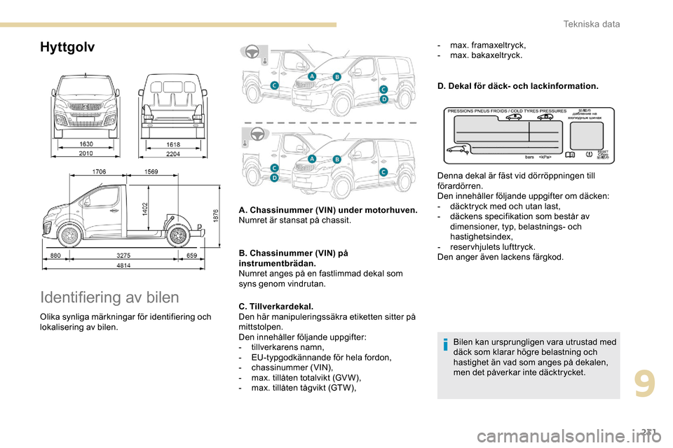 Peugeot Expert 2019  Ägarmanual (in Swedish) 231
Hyttgolv
Identifiering av bilen
Olika synliga märkningar för identifiering och 
lokalisering av bilen.A. Chassinummer (VIN) under motorhuven.
Numret är stansat på chassit.
B. Chassinummer (VIN