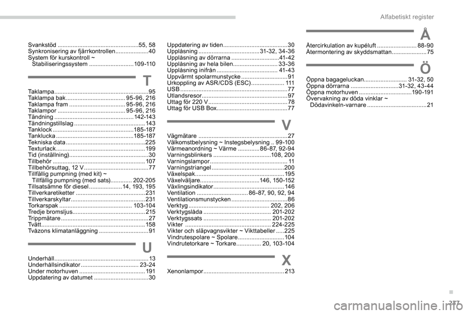 Peugeot Expert 2019  Ägarmanual (in Swedish) 237
Svankstöd .................................................55, 58
Synkronisering av fjärrkontrollen .................... 40
S
ystem för kurskontroll ~ 
Stabiliseringssystem
 ...................