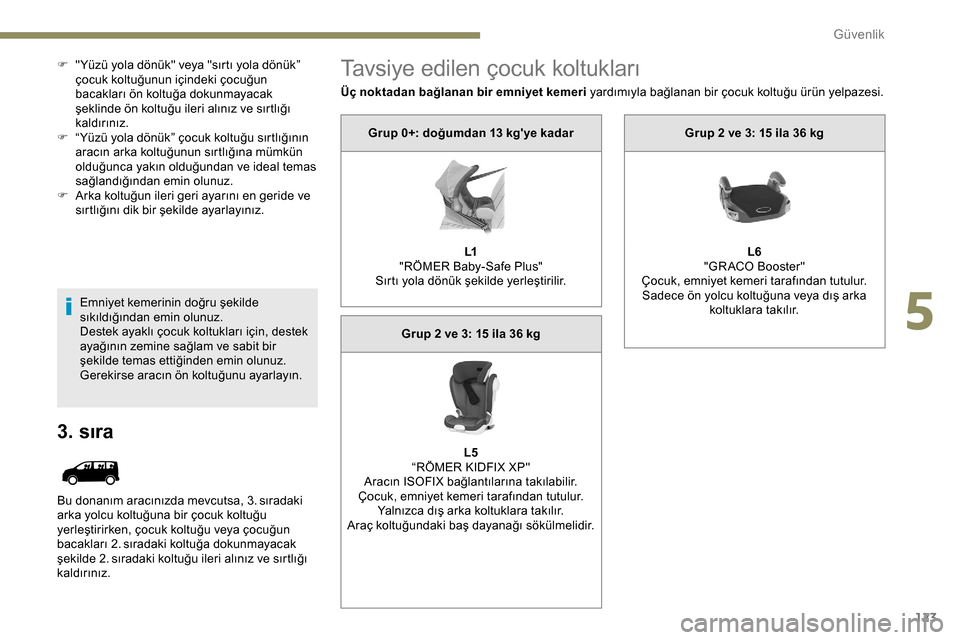 Peugeot Expert 2019 Kullanım Kılavuzu (in Turkish) 123
F "Yüzü yola dönük" veya "sırtı yola dönük” çocuk koltuğunun içindeki çocuğun
bacakları ön koltuğa dokunmayacak
şeklinde ön koltuğu ileri alınız ve sırtlığı
kaldırı Peugeot Expert 2019 Kullanım Kılavuzu (in Turkish) 123
F "Yüzü yola dönük" veya "sırtı yola dönük” çocuk koltuğunun içindeki çocuğun
bacakları ön koltuğa dokunmayacak
şeklinde ön koltuğu ileri alınız ve sırtlığı
kaldırı