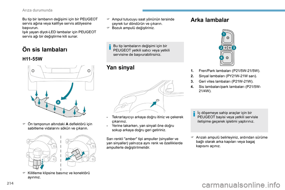 Peugeot Expert 2019 Kullanım Kılavuzu (in Turkish) 214
Bu tip bir lambanın değişimi için bir PEUGEOT
ser vis ağına veya kalifiye ser vis atölyesine
başvurun.
Işık yayan diyot-LED lambalar için PEUGEOT
ser vis ağı bir değiştirme kiti Peugeot Expert 2019 Kullanım Kılavuzu (in Turkish) 214
Bu tip bir lambanın değişimi için bir PEUGEOT
ser vis ağına veya kalifiye ser vis atölyesine
başvurun.
Işık yayan diyot-LED lambalar için PEUGEOT
ser vis ağı bir değiştirme kiti