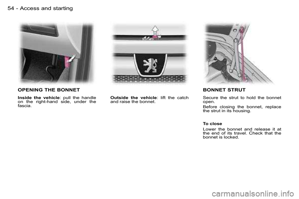 Peugeot Expert 2006  Owners Manual �5�4 �-�A�c�c�e�s�s� �a�n�d� �s�t�a�r�t�i�n�g
�O�P�E�N�I�N�G� �T�H�E� �B�O�N�N�E�T
�I�n�s�i�d�e�  �t�h�e�  �v�e�h�i�c�l�e�:�  �p�u�l�l�  �t�h�e�  �h�a�n�d�l�e� 
�o�n�  �t�h�e�  �r�i�g�h�t�-�h�a�n�d�  