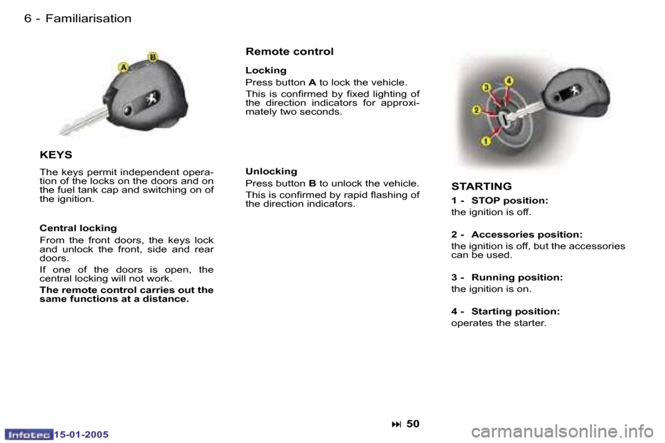 Peugeot Expert 2005  Owners Manual �6 �-
�1�5�-�0�1�-�2�0�0�5
�7
�-
�1�5�-�0�1�-�2�0�0�5
�F�a�m�i�l�i�a�r�i�s�a�t�i�o�n
�K�E�Y�S
�T�h�e� �k�e�y�s� �p�e�r�m�i�t� �i�n�d�e�p�e�n�d�e�n�t� �o�p�e�r�a�- 
�t�i�o�n� �o�f� �t�h�e� �l�o�c�k�s� 