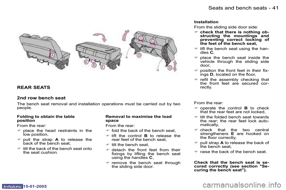 Peugeot Expert 2005  Owners Manual �4�0 �-
�1�5�-�0�1�-�2�0�0�5
�4�1
�-�S�e�a�t�s� �a�n�d� �b�e�n�c�h� �s�e�a�t�s
�1�5�-�0�1�-�2�0�0�5
�R�E�A�R� �S�E�A�T�S
�2�n�d� �r�o�w� �b�e�n�c�h� �s�e�a�t
�T�h�e�  �b�e�n�c�h�  �s�e�a�t�  �r�e�m�o�