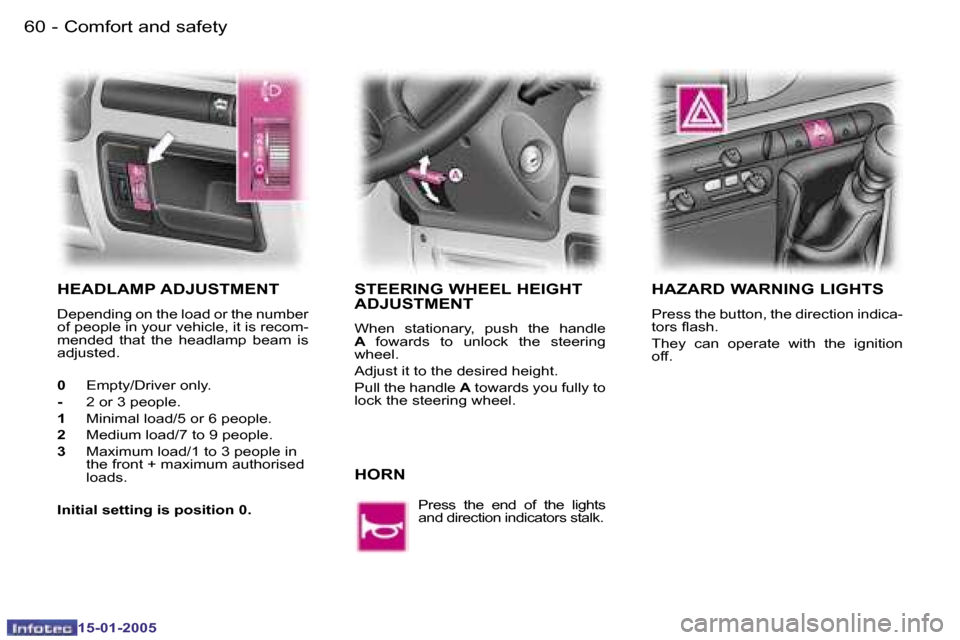 Peugeot Expert 2005  Owners Manual �6�0 �-
�1�5�-�0�1�-�2�0�0�5
�6�1
�-
�1�5�-�0�1�-�2�0�0�5
�H�E�A�D�L�A�M�P� �A�D�J�U�S�T�M�E�N�T
�D�e�p�e�n�d�i�n�g� �o�n� �t�h�e� �l�o�a�d� �o�r� �t�h�e� �n�u�m�b�e�r�  
�o�f� �p�e�o�p�l�e� �i�n� �y�