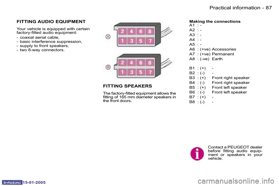 Peugeot Expert 2005  Owners Manual �8�6 �-
�1�5�-�0�1�-�2�0�0�5
�8�7
�-
�1�5�-�0�1�-�2�0�0�5
�C�o�n�t�a�c�t� �a� �P�E�U�G�E�O�T� �d�e�a�l�e�r�  
�b�e�f�o�r�e�  �i�t�t�i�n�g�  �a�u�d�i�o�  �e�q�u�i�p�-
�m�e�n�t�  �o�r�  �s�p�e�a�k�e�r�s