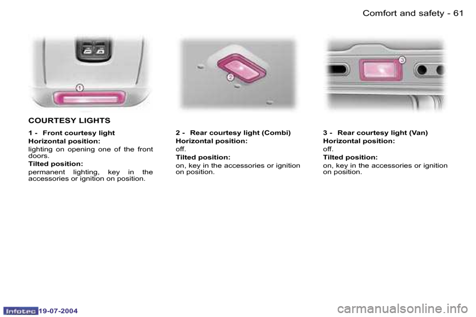 Peugeot Expert 2004  Owners Manual �6�0 �-
�1�9�-�0�7�-�2�0�0�4
�6�1
�-
�1�9�-�0�7�-�2�0�0�4
�C�o�m�f�o�r�t� �a�n�d� �s�a�f�e�t�y
�C�O�U�R�T�E�S�Y� �L�I�G�H�T�S
�1� �-�  �F�r�o�n�t� �c�o�u�r�t�e�s�y� �l�i�g�h�t 
�H�o�r�i�z�o�n�t�a�l� �