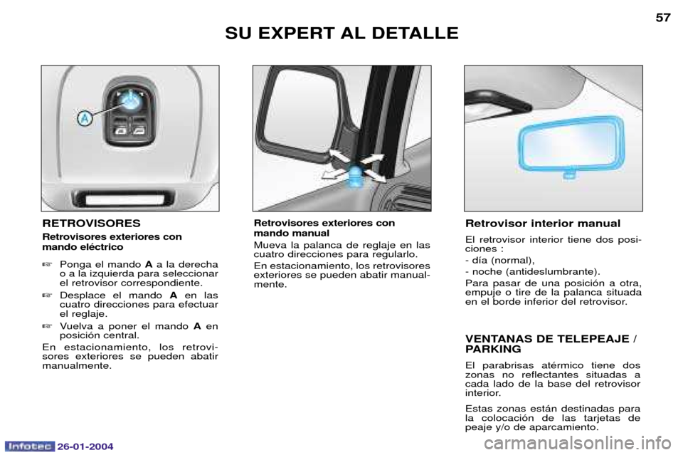 Peugeot Expert 2003.5 Manual del propietario (in Spanish) 26-01-2004
VENTANAS DE TELEPEAJE /
PARKING El parabrisas atŽrmico tiene dos zonas no reflectantes situadas acada lado de la base del retrovisor
interior. Estas zonas est‡n destinadas para la coloc Peugeot Expert 2003.5 Manual del propietario (in Spanish) 26-01-2004
VENTANAS DE TELEPEAJE /
PARKING El parabrisas atŽrmico tiene dos zonas no reflectantes situadas acada lado de la base del retrovisor
interior. Estas zonas est‡n destinadas para la coloc
