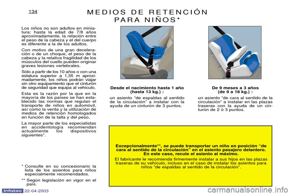 Peugeot Expert 2003 Manual del propietario (in Spanish) 22-04-2003
MEDIOS DE RETENCIîN PARA NI„OS*134
Excepcionalmente**, se puede transportar un ni–o en posici—n Òdecara al sentido de la circulaci—nÓ en el asiento pasajero delantero. En este ca Peugeot Expert 2003 Manual del propietario (in Spanish) 22-04-2003
MEDIOS DE RETENCIîN PARA NI„OS*134
Excepcionalmente**, se puede transportar un ni–o en posici—n Òdecara al sentido de la circulaci—nÓ en el asiento pasajero delantero. En este ca