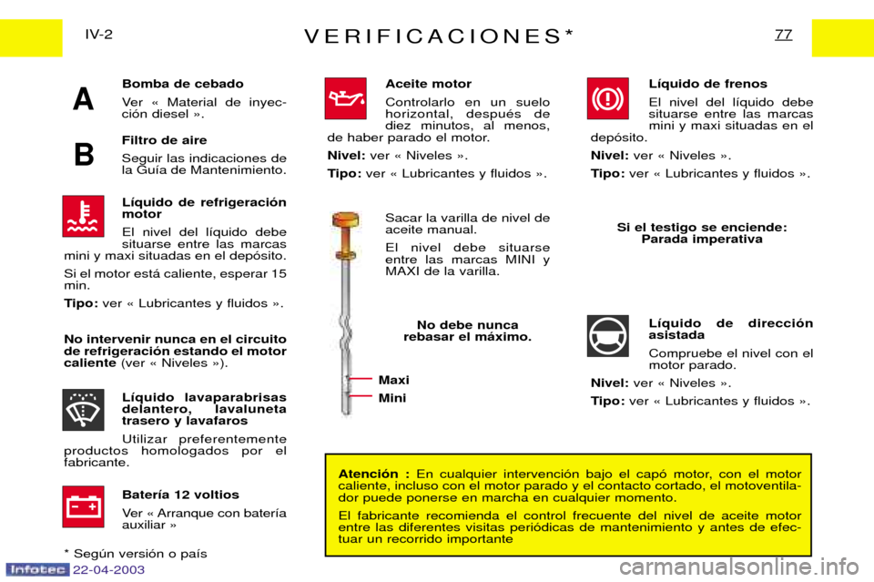 Peugeot Expert 2003 Manual del propietario (in Spanish) Bomba de cebado
Ver Ç Material de inyec- ci—n diesel È. Filtro de aire Seguir las indicaciones de la Gu’a de Mantenimiento.
22-04-2003
A
B
VERIFICACIONES*77IV-2Atenci—n : En cualquier inte Peugeot Expert 2003 Manual del propietario (in Spanish) Bomba de cebado
Ver Ç Material de inyec- ci—n diesel È. Filtro de aire Seguir las indicaciones de la Gu’a de Mantenimiento.
22-04-2003
A
B
VERIFICACIONES*77IV-2Atenci—n : En cualquier inte